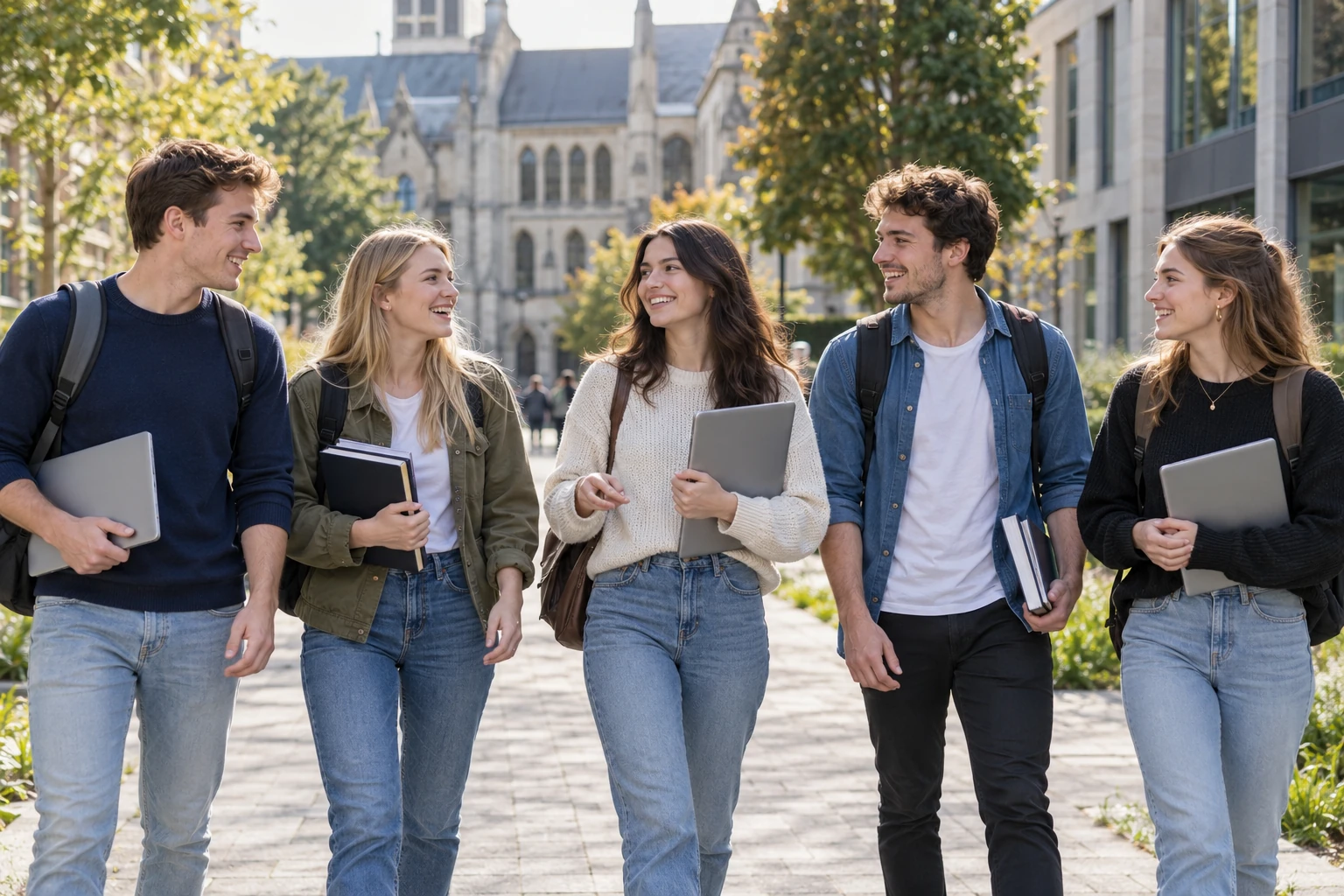 University students walking together on campus with books and laptops